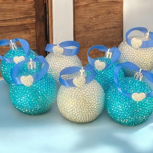 Set of 7 Bling Christmas Ornaments – Blue & Silver Rhinestone Decor with Ribbon and Heart Charms