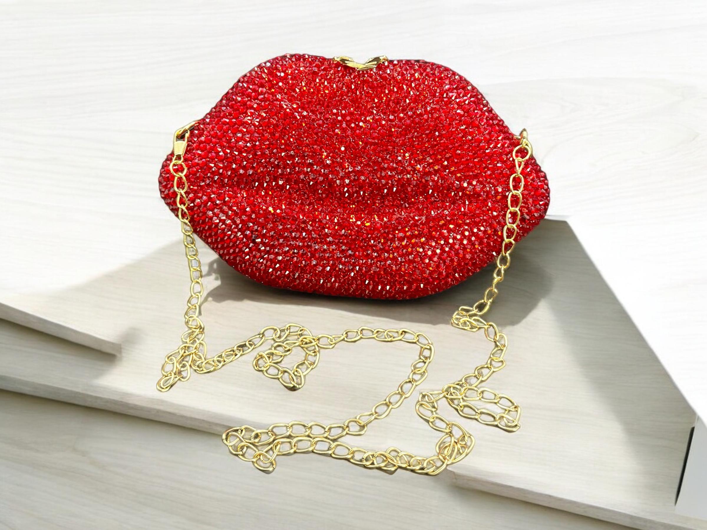 Red Lip Shaped Purse Rhinestone Shoulder Crossbody Bag Fashion Small Handbag With Chain Etsy