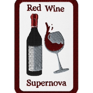 May include: Embroidered patch showing a wine bottle and a wine glass with spilled wine. The text "Red Wine Supernova" is displayed above and below the images. The patch has a white background with a claret border.
