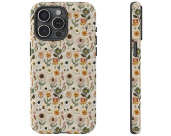 Wildflower Floral Phone Case Gift Flower Lover Daisy Poppy Embroidery Knit Look Vintage Cottagecore Style Tough iPhone Cover Galaxy Pixel