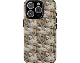 Chihuahua Telefon Hülle Blumenstickerei Benutzerdefinierte Geschenk Hundeliebhaber Pommern PomChi Haustier Telefon Abdeckung Vintage Cottagecore Stil Robuste Telefonhülle
