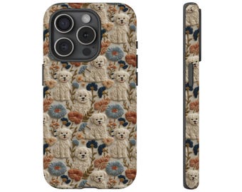 Maltesische Pudel Handyhülle Blumenstickerei Geschenk für Hundeliebhaber Maltipoo Haustier Handyhülle Vintage Cottagecore Style Robuste iPhone Hülle