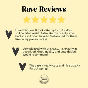 May include: Image featuring customer reviews with the headline "Rave Reviews." The reviews are accompanied by heart icons and star ratings. The text praises the product's quality and design, with mentions of fast shipping.