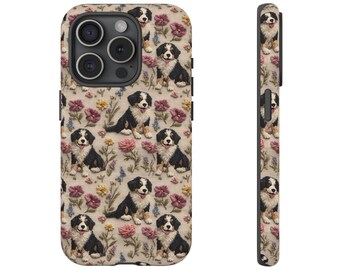 Berner Sennenhund Handyhülle Stickerei Individuelles Geschenk Hundeliebhaber Bernidoodle Haustier Handyhülle Vintage Blumen Cottagecore Style Tough iPhone