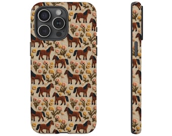 Pferd Handy Hülle Geschenk Reiter Liebhaber Vintage Blumen Stickerei Strick Look Western Cowgirl Cottagecore Style Tough iPhone Case Galaxy Pixel
