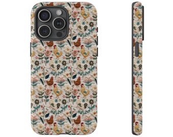 Chickens Cottagecore Wildflower Phone Case Gift for Chicken Lover Farm Animal Hens Embroidery Knit Look Tough iPhone Cover Galaxy Pixel