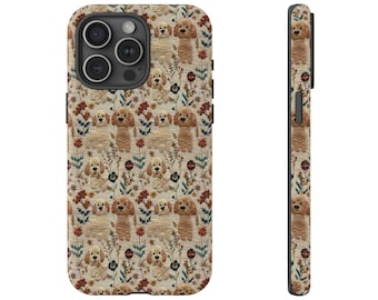 Vintage Goldendoodle Dogs in Bloom Phone Case | Embroidery Knit Look Phone Cover | Cottagecore Wildflowers | iPhone, Samsung Galaxy, Pixel