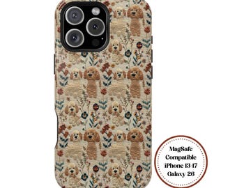 Vintage Goldendoodles in Bloom MagSafe Compatible Tough Phone Case, Faux Embroidered Knit Wildflowers Cottagecore Look, iPhone, Galaxy