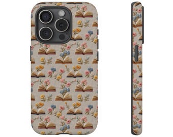 Buch Liebhaber Handy Hülle Floral Bookish Geschenk für literarische Leser Vintage Stickerei Strick Look Wildblumen Cottagecore Style Tough iPhone Cover