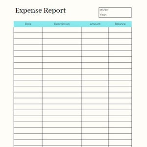 May include: A blank expense report template with columns for date, description, amount, and balance. The report has a light blue header and a total row at the bottom. There is a space for notes at the bottom of the page.