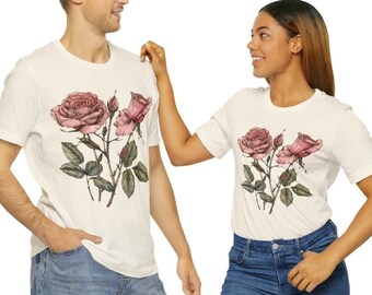 Vintage looking, Illustrated, pink roses with thorns on t-shirt
