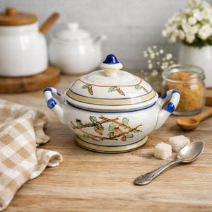 May include: A white ceramic sugar bowl with a lid, featuring a hand-painted design of carrots and branches with leaves. The bowl has blue accents on the handles and lid finial. A spoon and sugar cubes are next to the bowl.