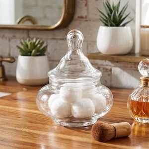 May include: A clear glass jar filled with cotton balls sits on a wooden surface, next to a small makeup brush and a perfume bottle. Two small potted succulents are in the background.