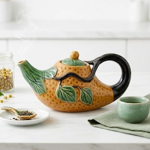May include: A ceramic teapot with a brown body, black handle, and green spout and lid. The teapot is decorated with green leaves and a branch design. A small green teacup and a spoon with tea leaves are next to the teapot.