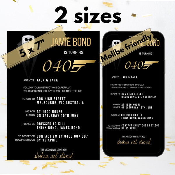 Secret Agent James Bond Theme 40th Birthday Invite