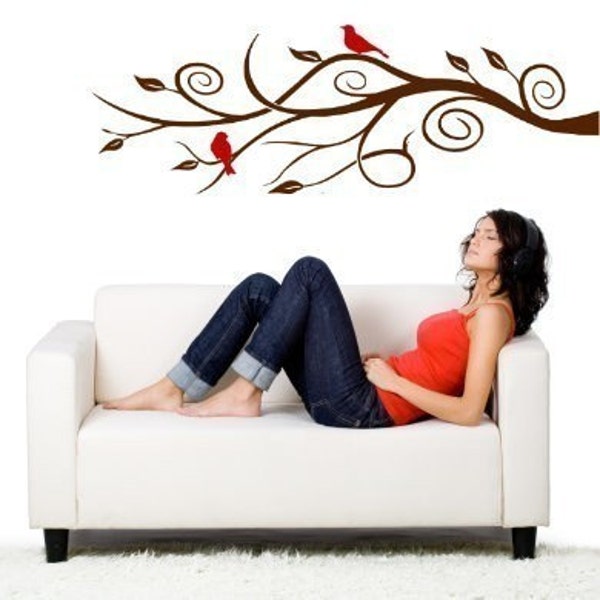 Swirling Tree Branch with Birds and Leaves - 2 Color Large Vinyl Wall Art Decal Kit