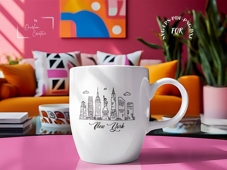 May include: White ceramic mug with a black line drawing of the New York City skyline, including the Statue of Liberty, and the text "New York".