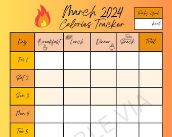 Monatlicher Kalorien und Gewicht Tracker März 2024