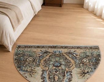Vintage Turkish Semicircle Rug, Handwoven Wool Bouquet Medallion, Teal Blue Ivory, 1.5x2.5 ft