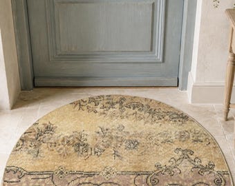 Vintage Turkish Semicircle Rug, Handwoven Wool Floral Scrollwork, Beige Brown Pink, 1.6x2.7 ft