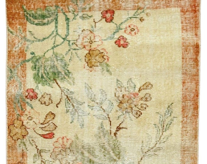 Floral Vintage Turkish Runner Rug 34x66 Inch Hand Knotted
