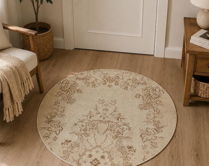 Round Area Rug, Vintage Isparta Handwoven Wool Circle, Distressed Ivory Beige Floral, 3.4 ft
