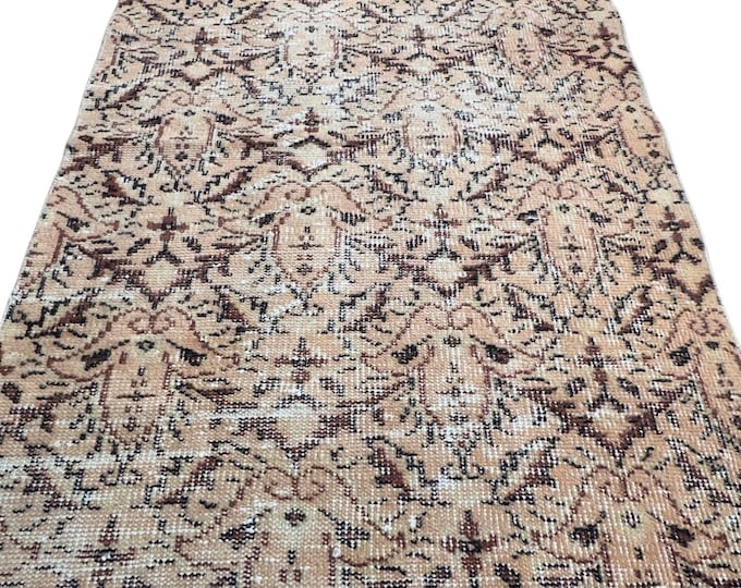 Vintage Turkish Isparta Runner Rug 2.8x8.7 ft | Distressed Salmon Beige Wool Hallway Carpet | Handmade Anatolian Allover Floral Rug