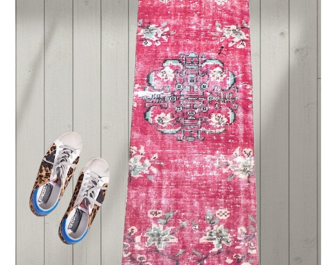 Vintage Turkish Isparta Runner Rug 2.3x8.4 ft | Distressed Pink Wool Hallway Carpet | Handmade Anatolian Floral Rug