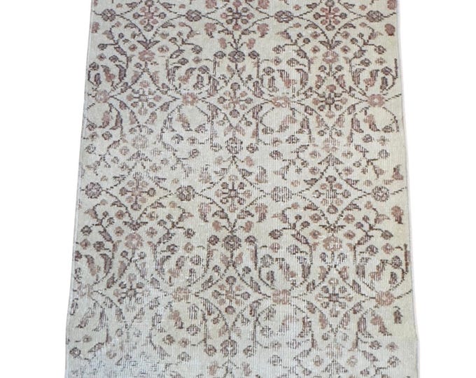 Vintage Turkish Hand-Knotted Runner Rug 2.4x6.7 ft Distressed Ivory Mauve Arabesk Wool Hallway Carpet | Handmade Anatolian Floral Runner Rug