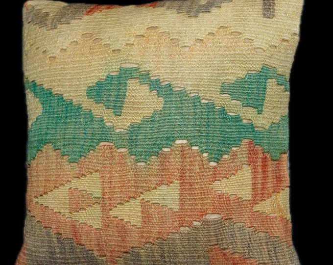 16x16 Geometric Kilim Pillow Cover, Green Beige Vintage Boho Cushion