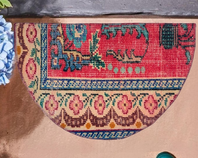 semicircle rug entry bathroom handmade vintage turkish oushak wool antique small home decor