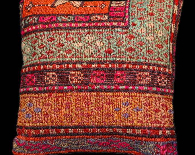 16x16 Tribal Kilim Pillow Cover, Red Green Vintage Boho Cushion