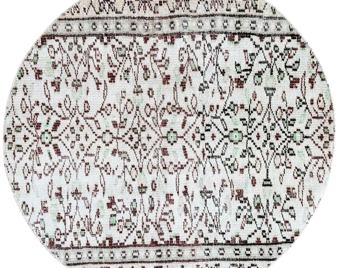 Round Vintage Wool Rug Handmade Turkish Oriental Floral Area Decor