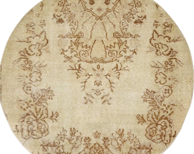 Vintage Turkish Wool Circle Rug • Beige Oushak Round 103 cm