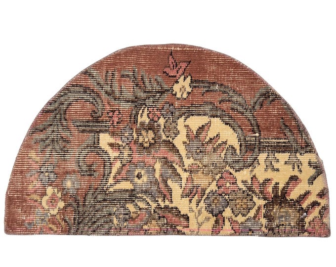 Vintage Turkish Hand-Knotted Semicircle Rug 1.5x2.5 ft Distressed Dusty Rose Gold Wool Half Moon Rug | Handmade Anatolian Floral Semicircle