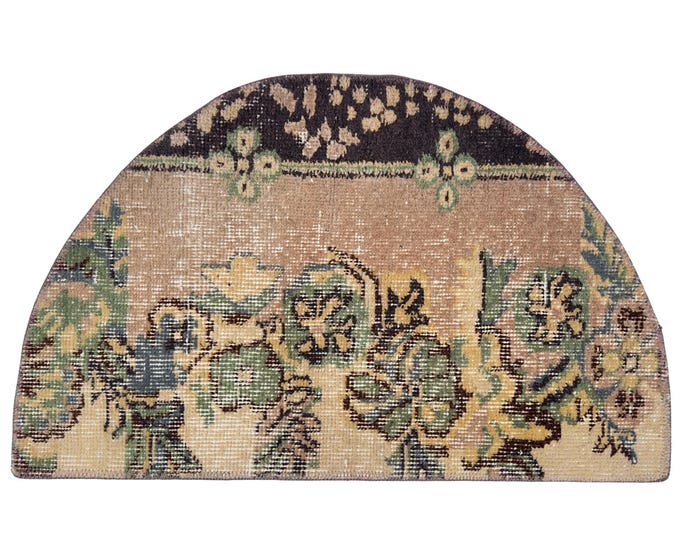 Vintage Isparta Wool Semicircle Rug 76x47 cm Upcycled Turkish Half Round Doormat Dark Navy Sage Green Floral Entryway Mat