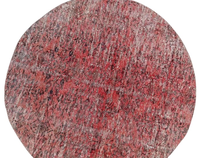 Round Red Wool Rug Handmade Turkish Vintage Overdyed Area Decor