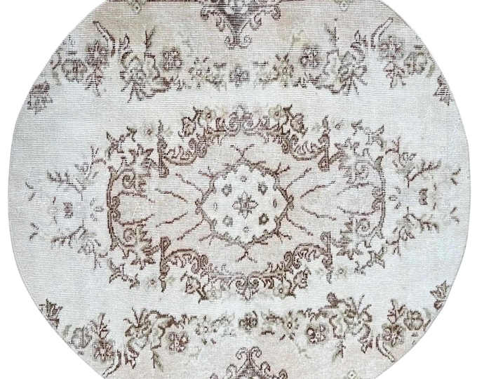 Round Vintage Oushak Wool Rug Handmade Turkish Oriental Area Decor