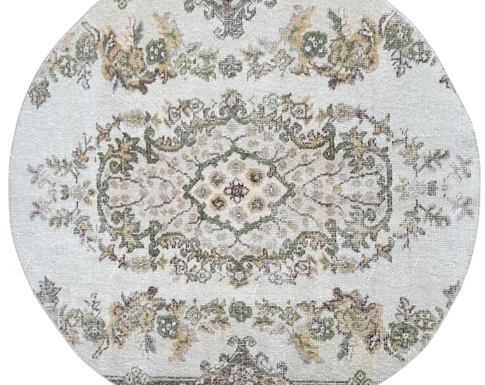 Round Oushak Wool Rug Handmade Turkish Vintage Floral Area Decor