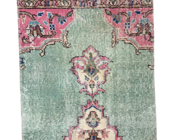 Vintage Turkish Isparta Small Rug, Handwoven Wool Medallion, Distressed Sage Green Pink, 2x3.6 ft