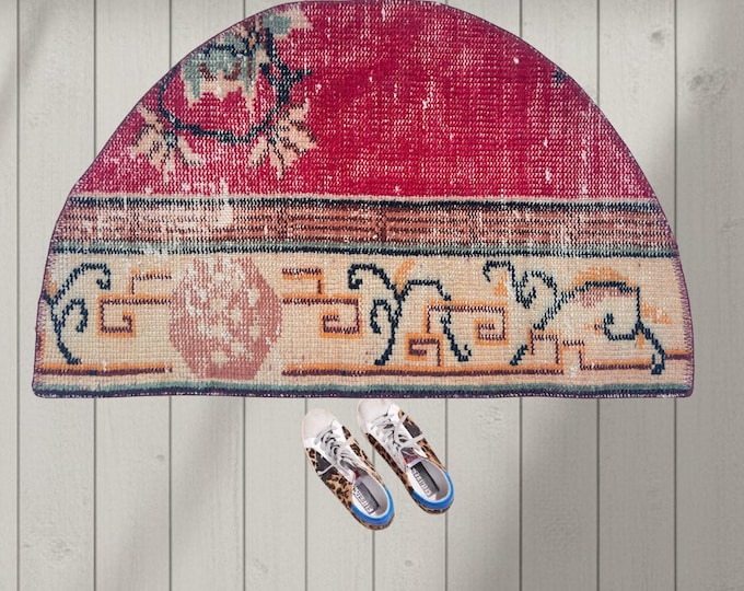 Vintage Hand-Knotted Wool Semicircle Rug, Distressed Fuchsia Red Arabesk Half Moon Doormat, 1.5x2.5 ft