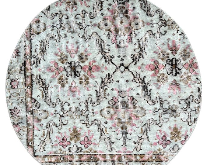 Round Turkish Wool Rug Vintage Handmade Floral Oushak Area Decor