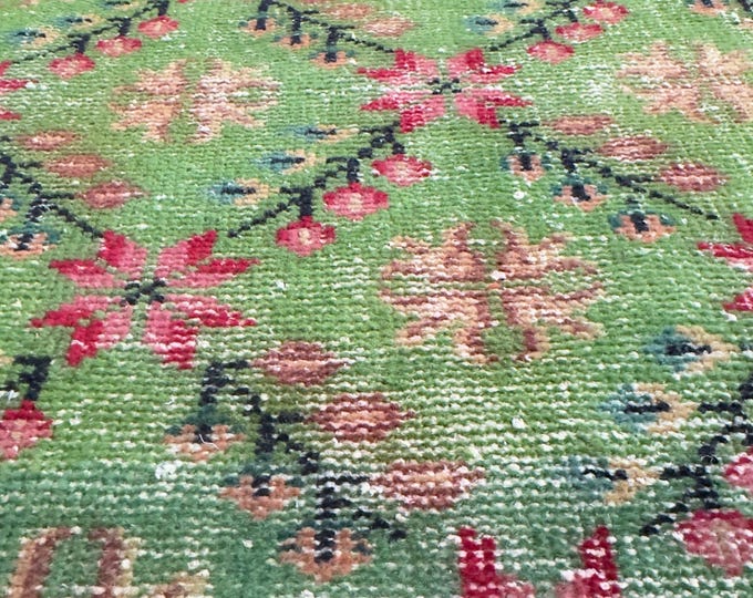 Vintage Turkish Isparta, Hand Knotted Wool, Green Floral, Distressed Bohemian, Demirci Manisa, 2x4 Anatolian
