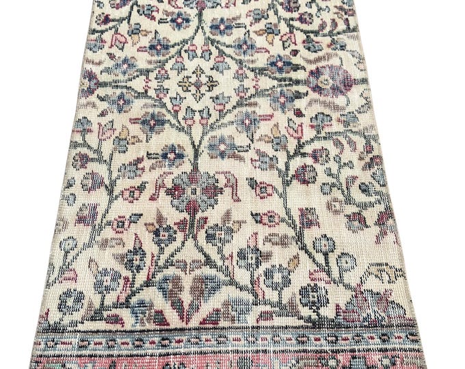 Vintage Turkish Isparta Runner Rug, Handwoven Wool Floral, Distressed Ivory Pink Blue, 2.3x5.7 ft