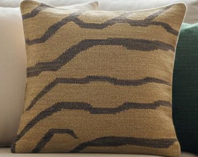 Earthy 16” Kilim Cushion, Brown Tan Tribal Wool Abstract Decor