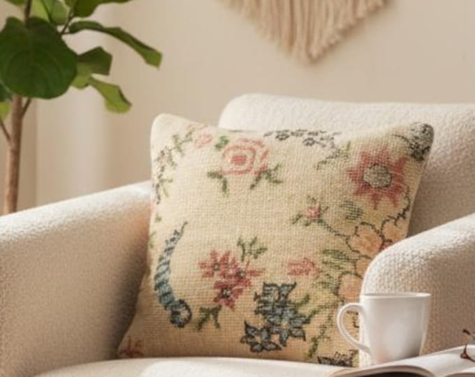 16x16 inch Handwoven Wool Pillow | Turkish Rug Cushion Cover | Coastal Rustic Bedroom Decor