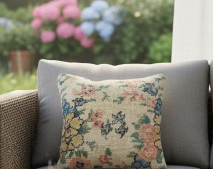 16x16 inch Handwoven Wool Pillow | Turkish Rug Cushion | Boho Farmhouse Living Room Decor