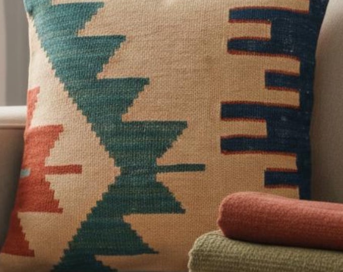 Geometric Kilim Cushion 16”, Beige Green Orange Tribal Wool Decor