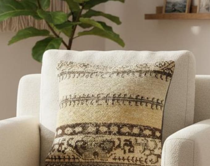 16x16 inch Wool Pillow Cover | Turkish Handwoven Rug Cushion | Modern Rustic Entryway Decor