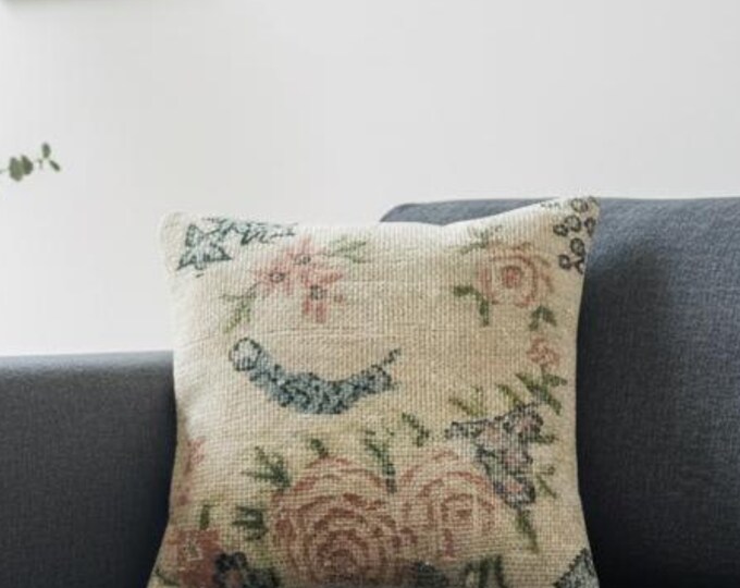 40x40 cm Wool Pillow Cover | Turkish Handwoven Cushion | Rustic Farmhouse Boho Home Decor
